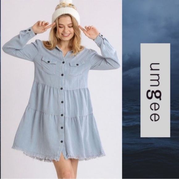 Umgee Dresses & Skirts - Umgee Short Denim Stonewash Dress Tiered Long Sleeve size Small